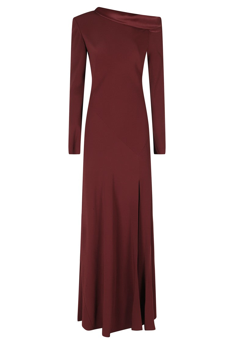 Alberta Ferretti Bordeaux Asymmetric Slit Viscose Satin Maxi Dress