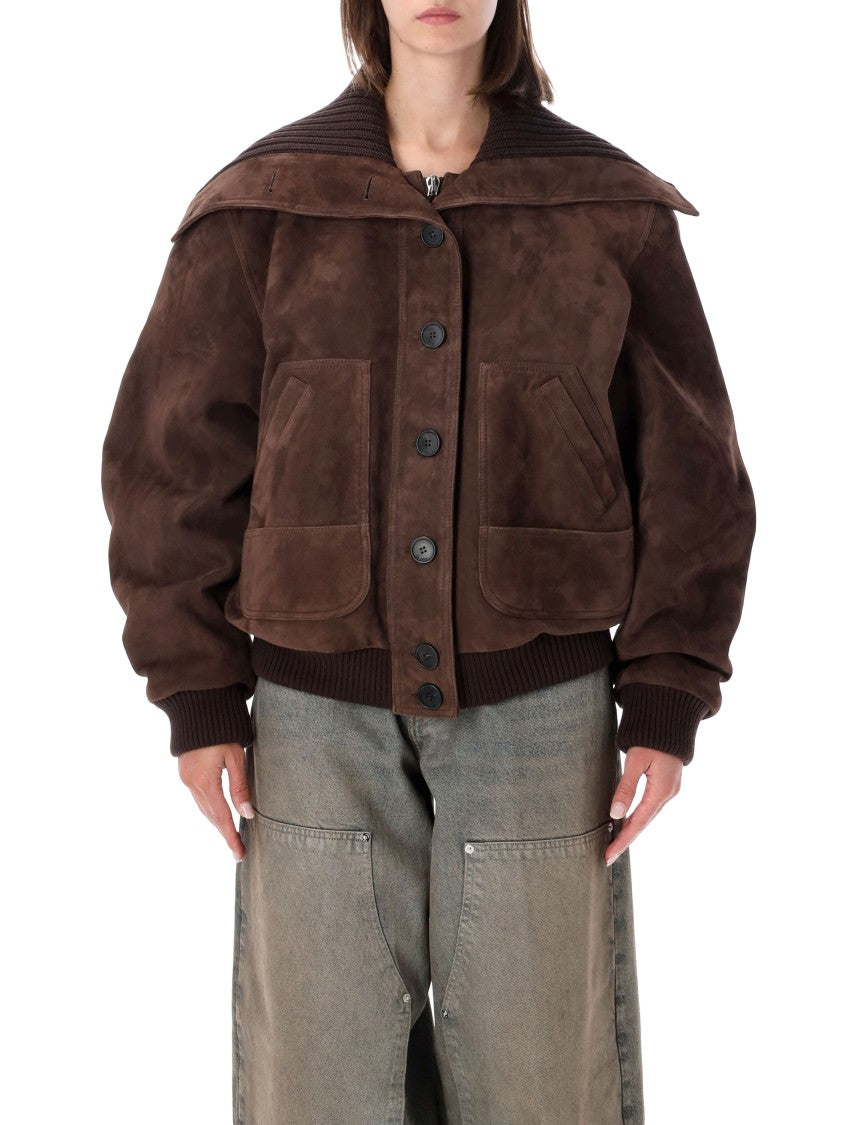 The Attico Suede Bomber Jacket With Oversized Knit Collar