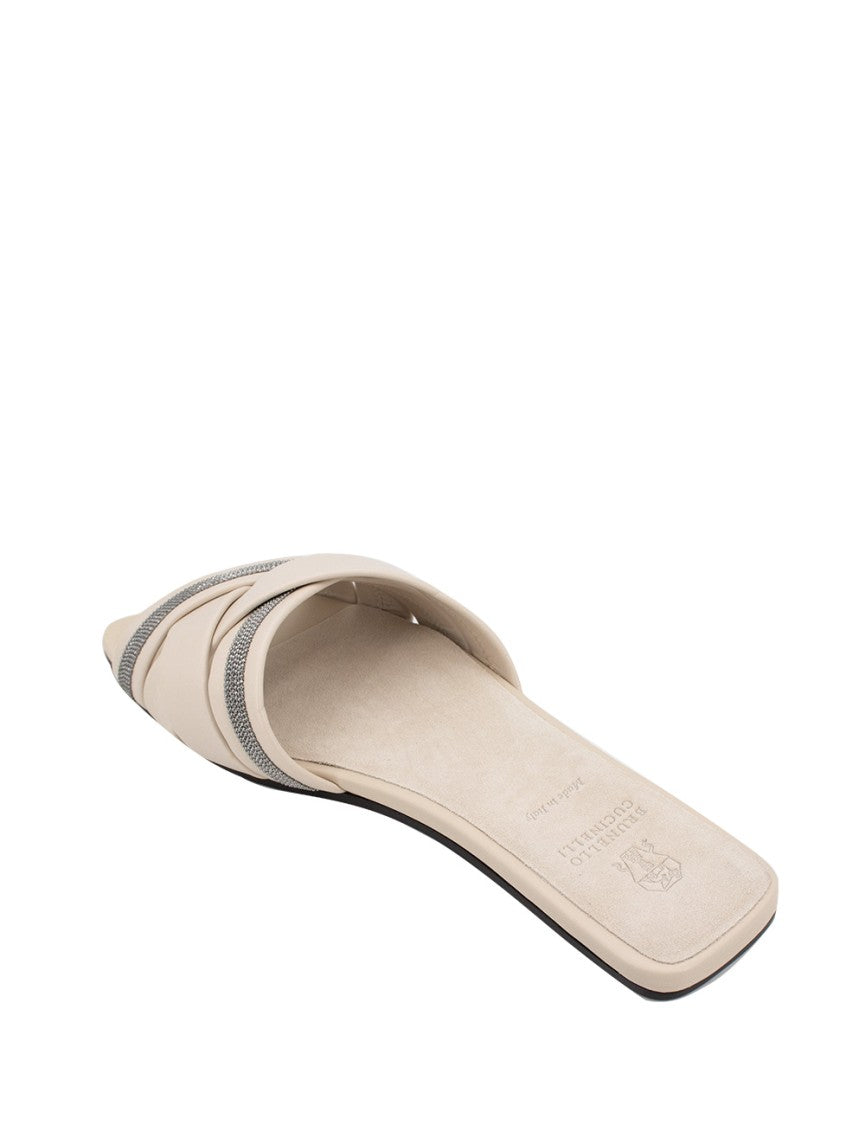 Brunello Cucinelli Ruthenium Ivory Slides With Monile Embroidery And Comfortable Fit