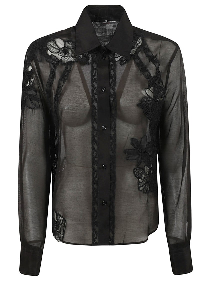 Ermanno Scervino Sheer Black Shirt With Floral Embroidery