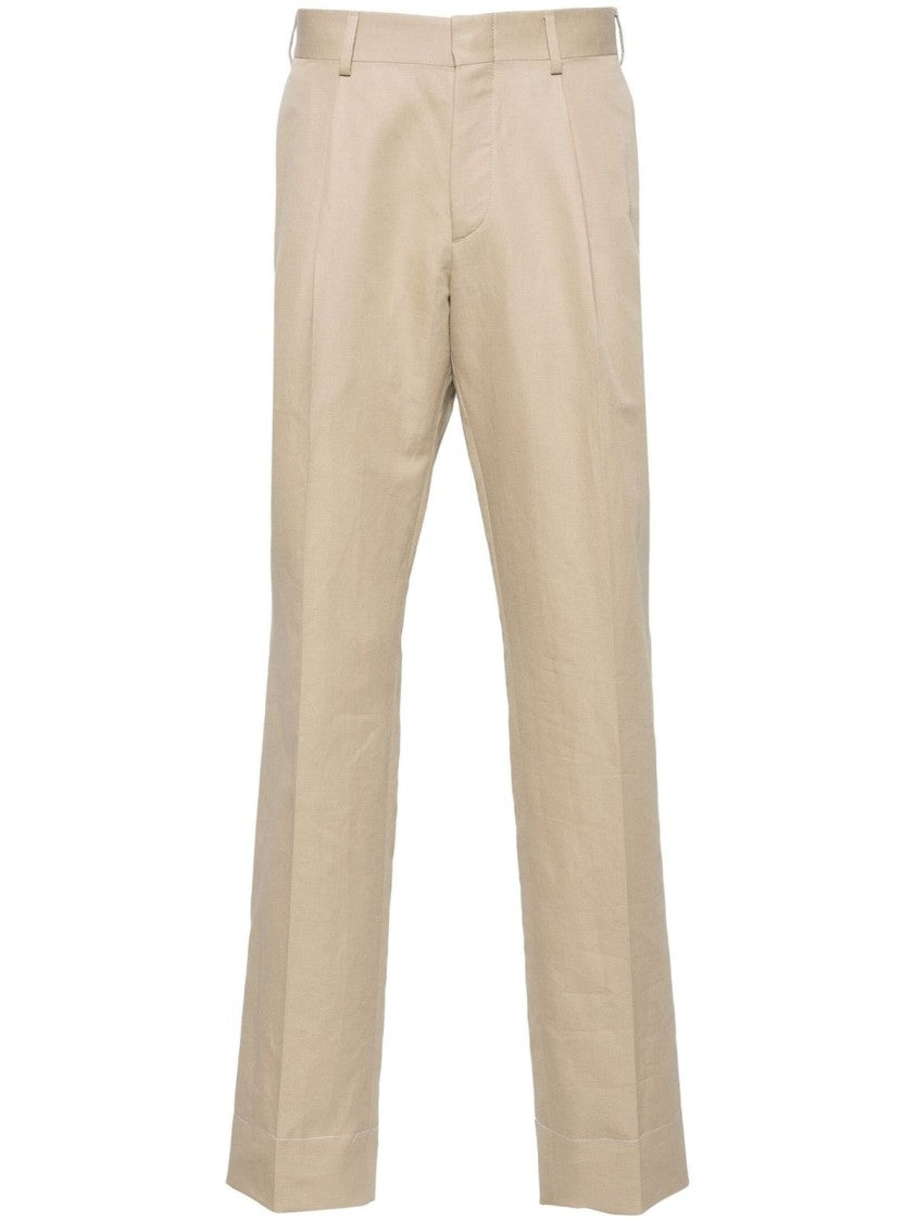 Brioni Relaxed Fit Beige Trousers In Linen-Cotton Blend