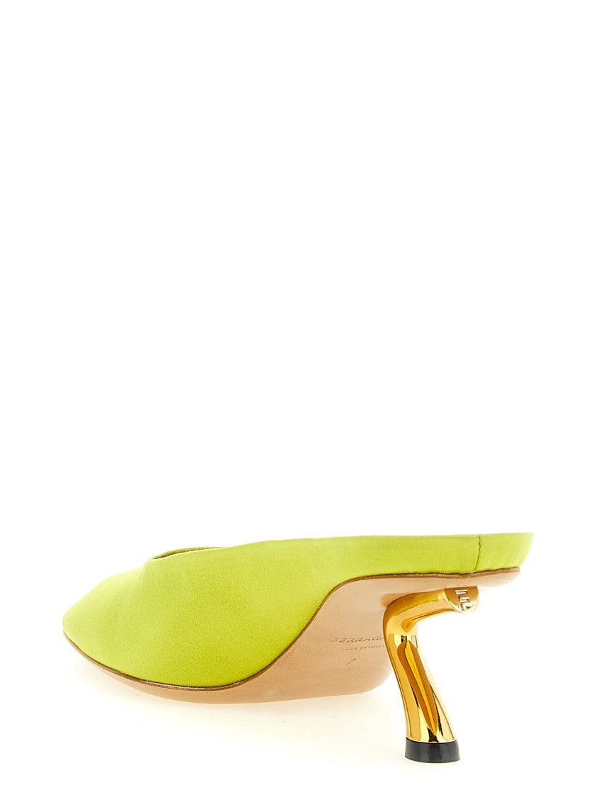Ferragamo Satin Mules With Sculptural Golden Heel