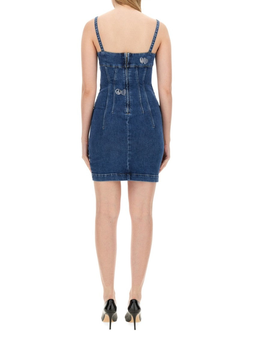 Moschino Fitted Denim Mini Dress With Sweetheart Neckline