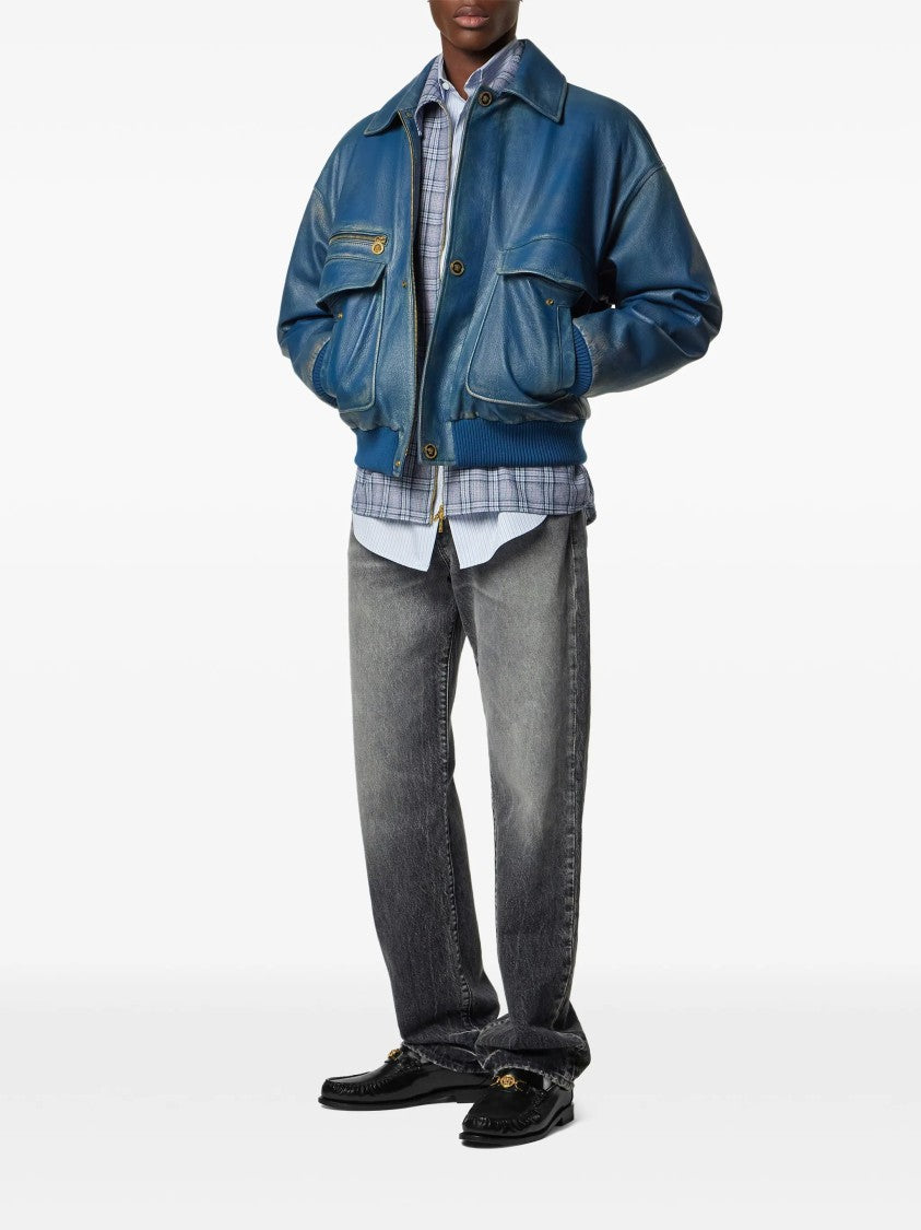 Versace Black Straight-Leg Faded Distressed Denim Jeans