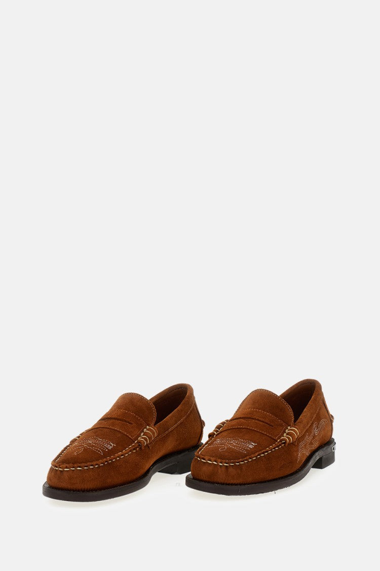 Sebago Brown Suede Loafers With Decorative Stitching