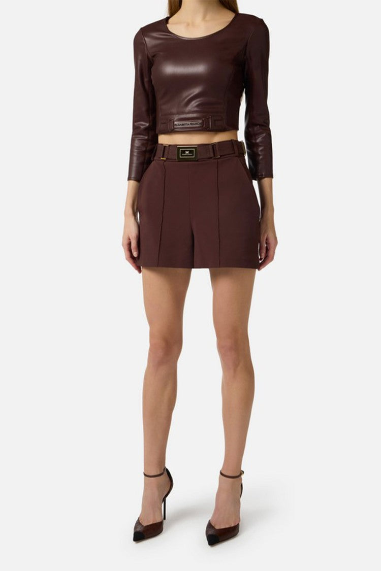 Elisabetta Franchi Brown Gold-Buckle Logo Belt Polyamide-Blend Shorts