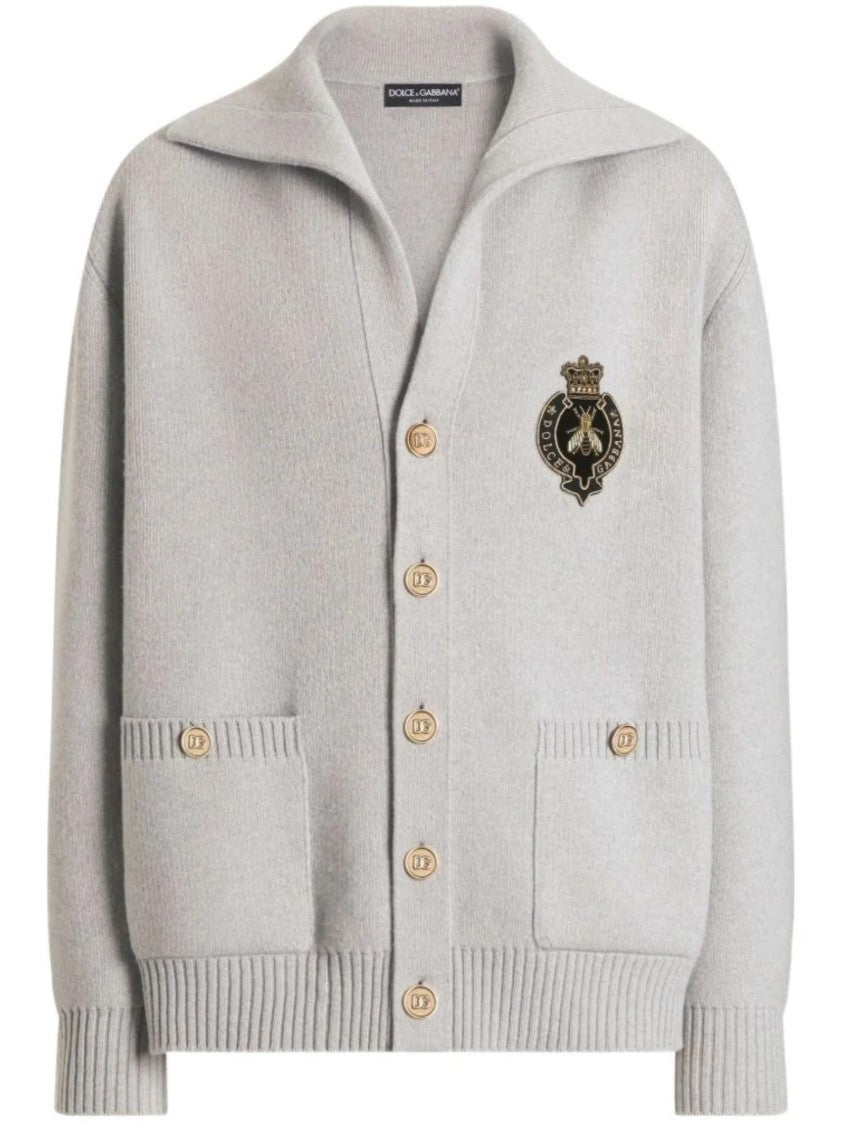 Dolce & Gabbana Light Grey Wide Collar Gold Accent Cardigan