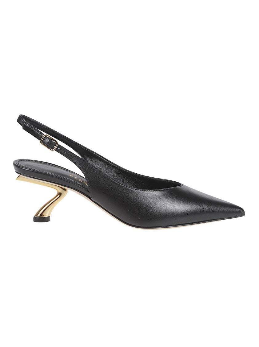 Ferragamo Sculptural Heel Slingback In Smooth Black Leather