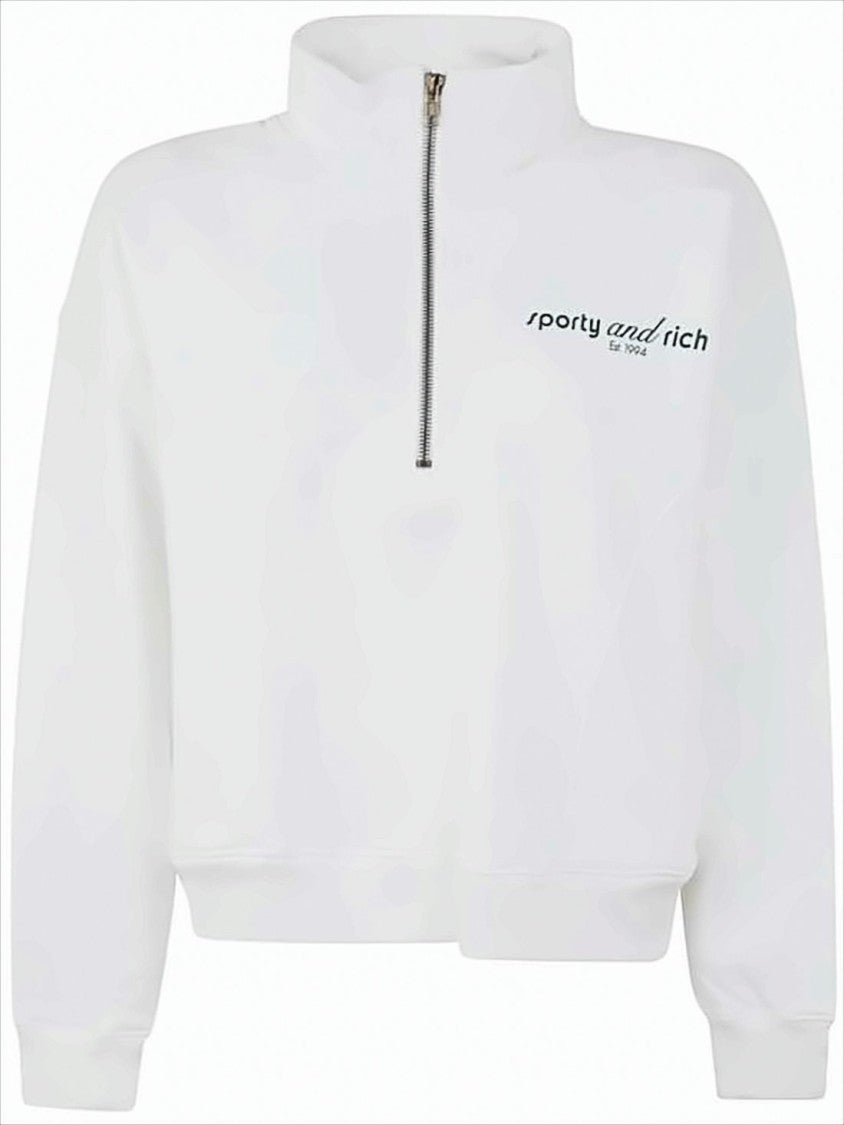 Sporty And Rich Half-Zip Long Sleeve Cotton Pullover With Ribbed Details