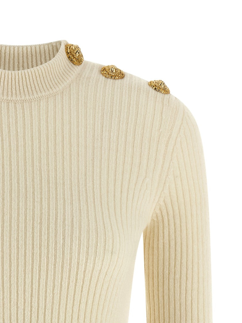Balmain Ribbed Cashmere And Virgin Wool Sweater With Metal Lion Head Buttons