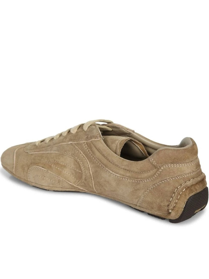 Prada Low-Profile Brown Suede Sneakers With Intricate Stitching