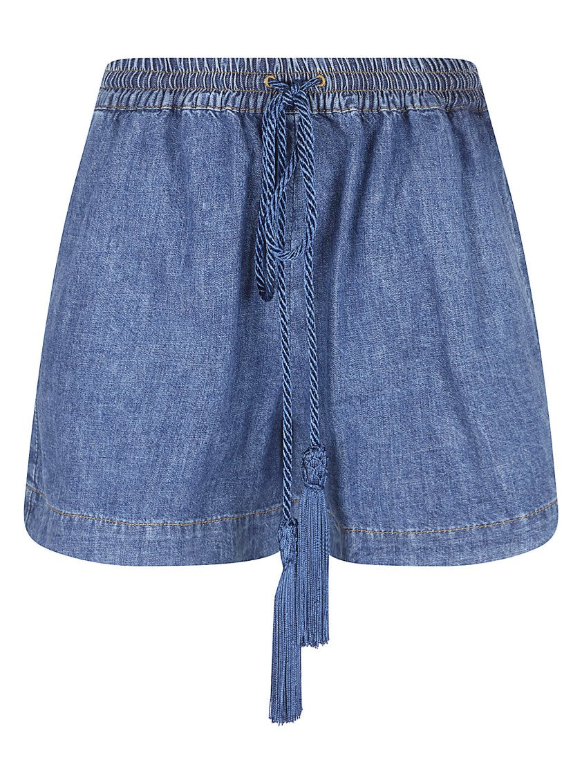 Valentino Garavani Chambray Cotton Denim Shorts With Drawstring Waist