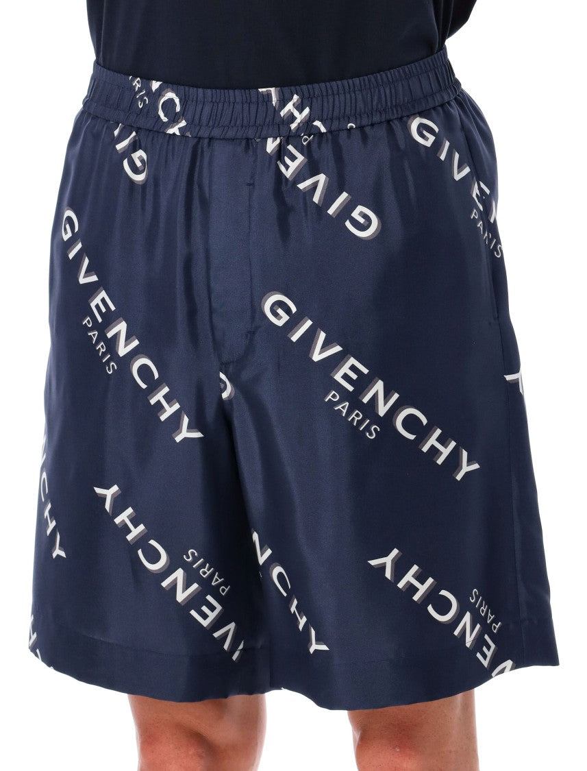 Givenchy Navy Silk Bermuda Shorts With All-Over Print