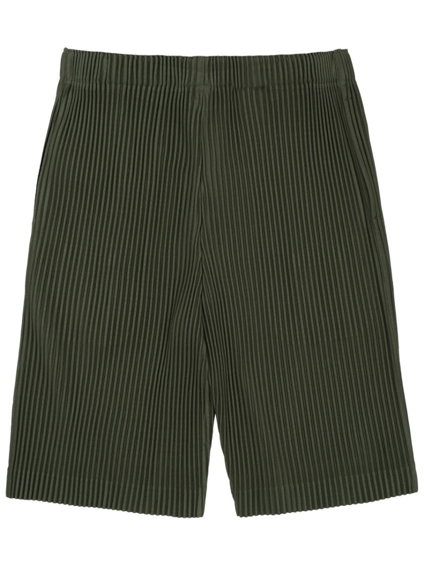 Homme Plissé Issey Miyake Pleated Green Shorts With Vertical Ribbing