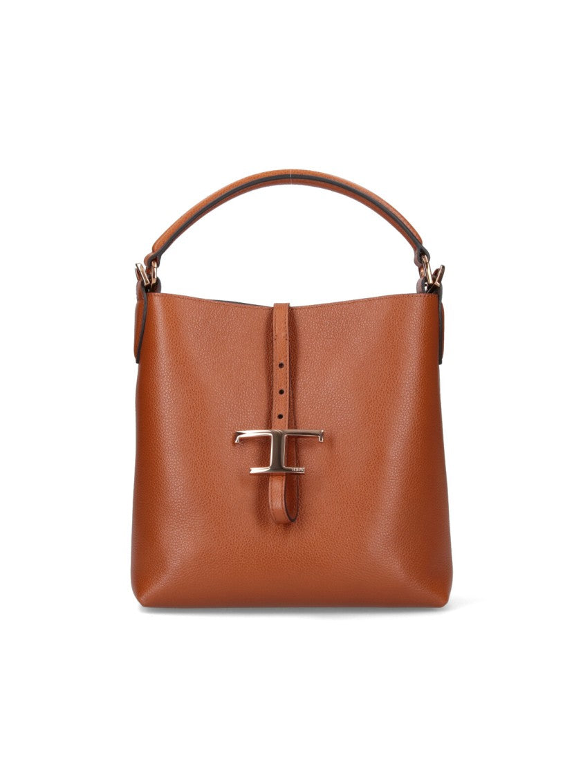 Tod's Brown Textured Leather Bucket Bag With Adjustable Strap And Gold-Tone Logo