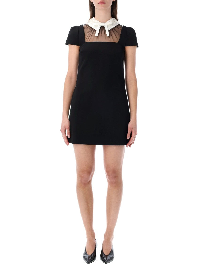 Self-Portrait Bow Collar Pearl Crepe Mini Dress