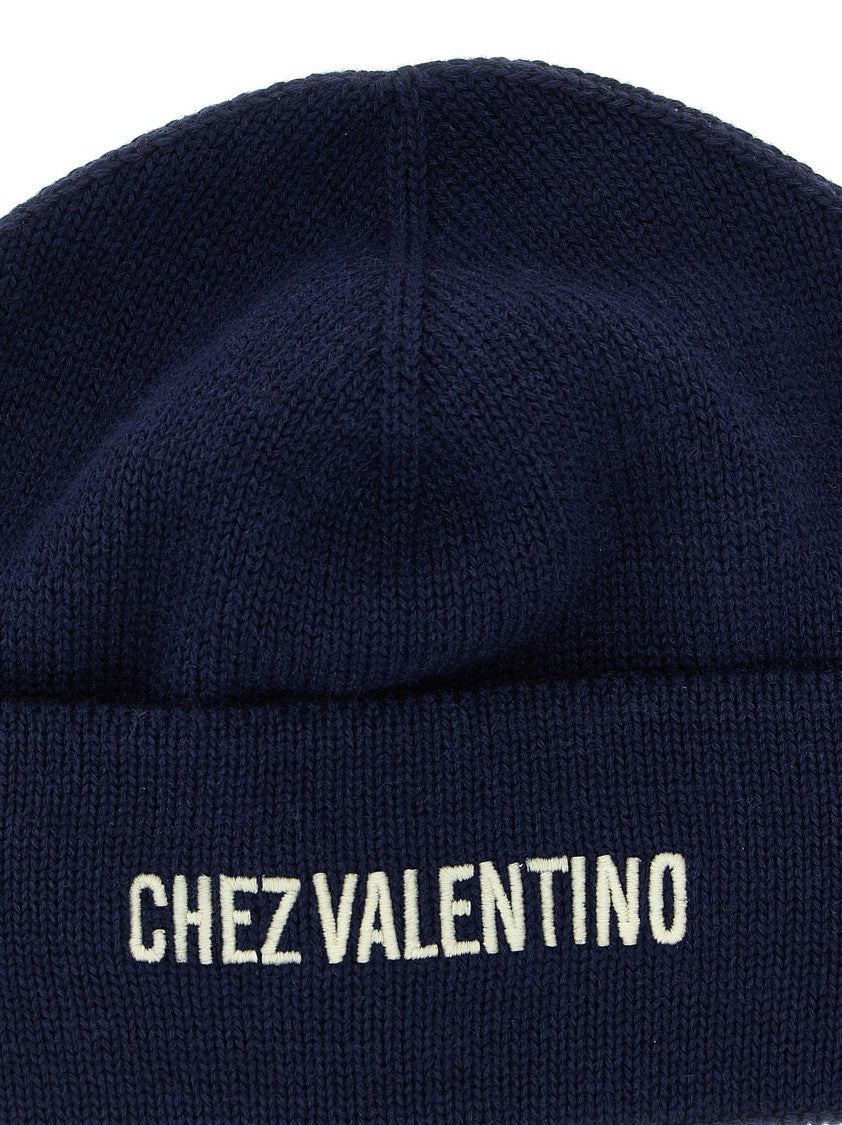 Valentino Garavani Contrast Embroidered Blue Beanie
