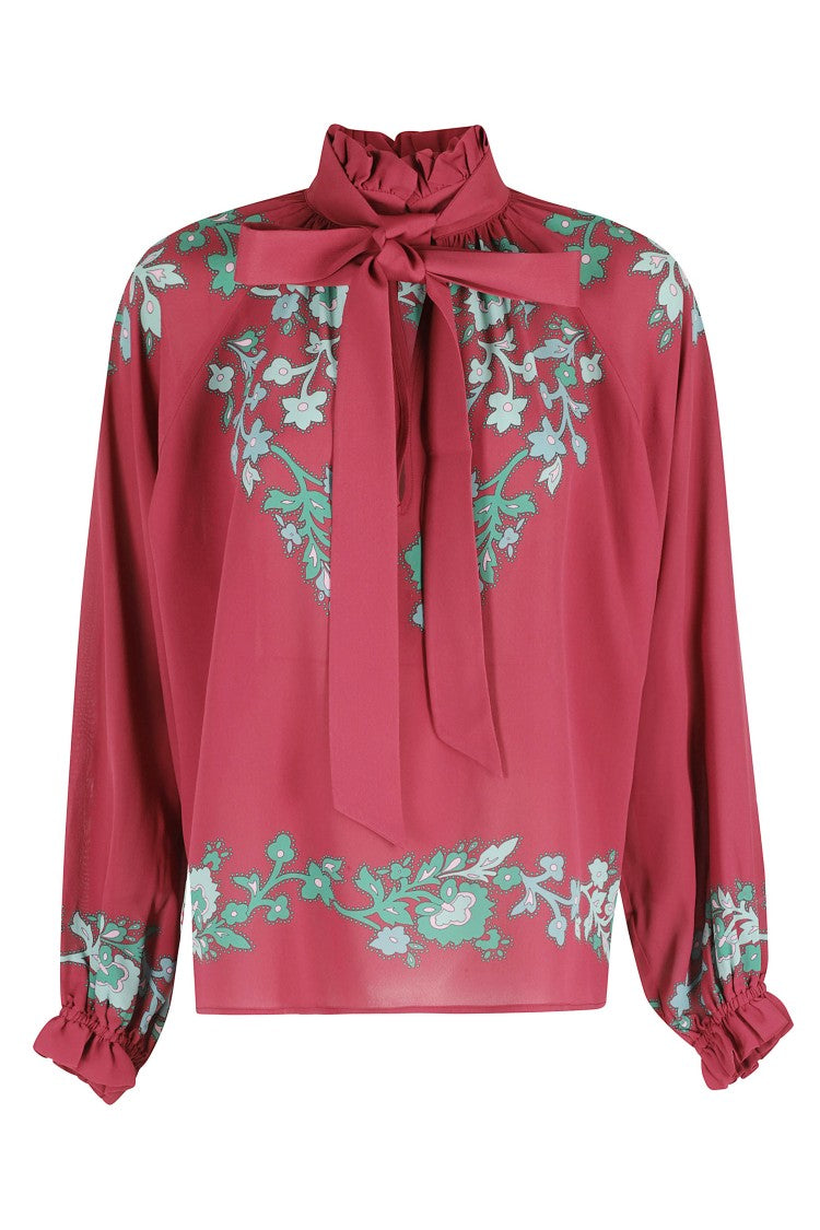 La Double J Burgundy Cerere High-Necked Ribbon-Draped Viscose Blouse