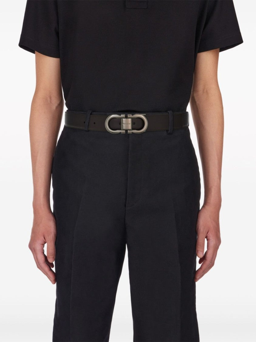 Ferragamo Black Leather Double Gancini Belt