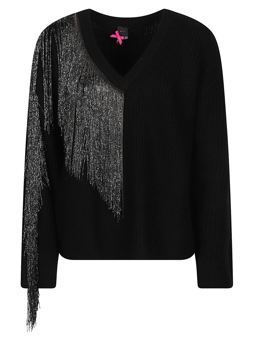 Pinko Captiva Cropped Black Asymmetrical Silver Fringe V-Neck Sweater