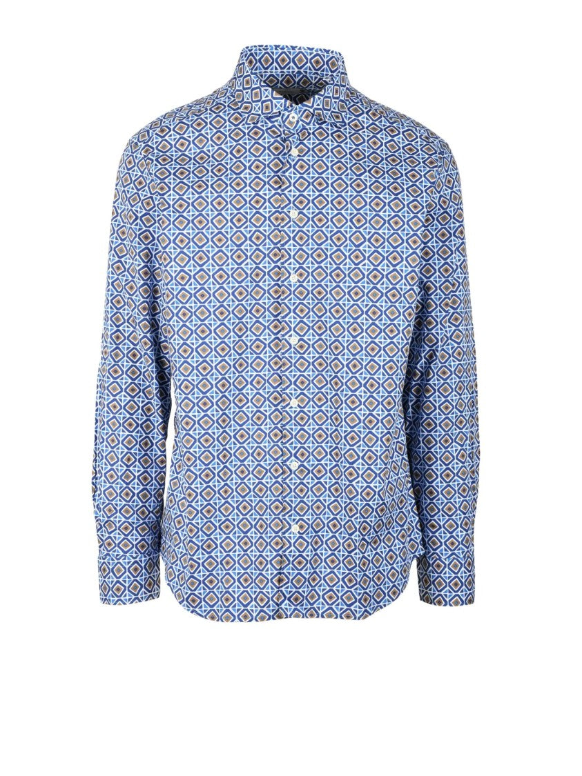 Mariano Napoli Blue Brown Patterned Cotton-Blend Shirt