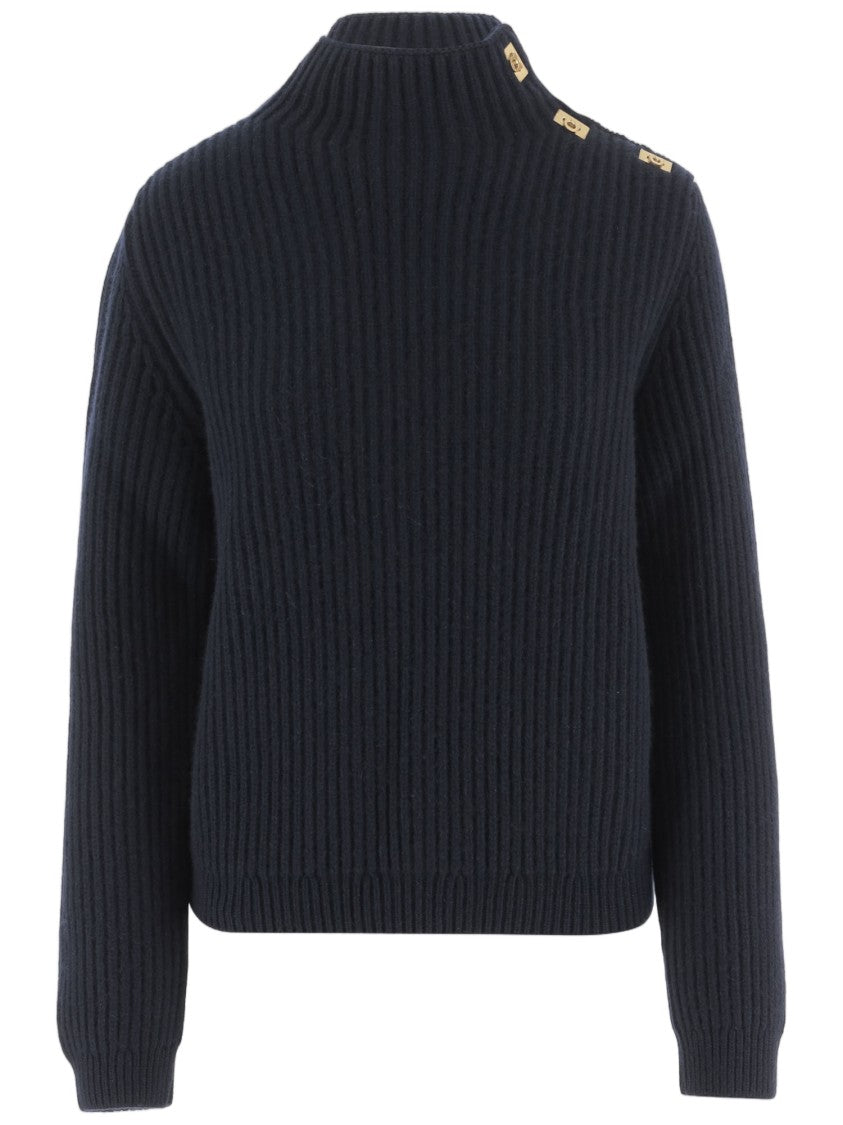 Salvatore Ferragamo Navy Ribbed Knit Wool-Blend Turtleneck