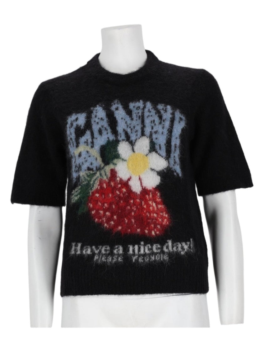 Ganni Short-Sleeved Graphic Alpaca-Blend Top