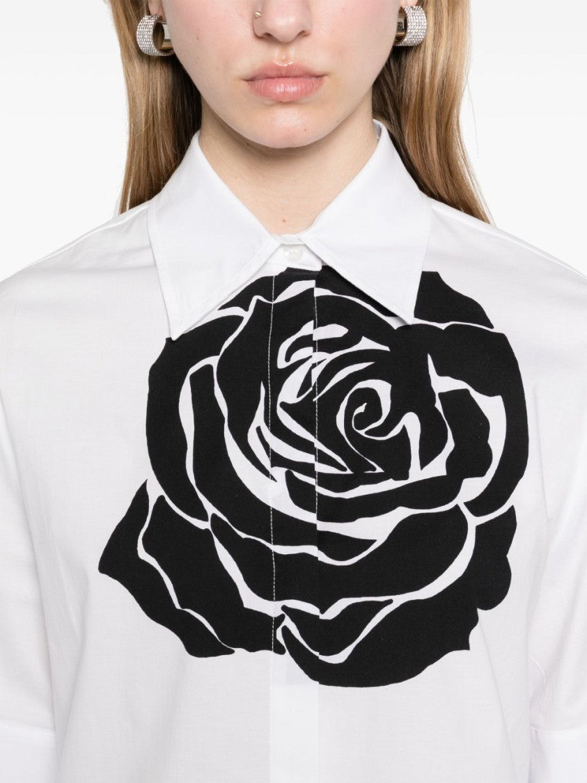 Blugirl Cropped White Shirt With Black Rose Graphic