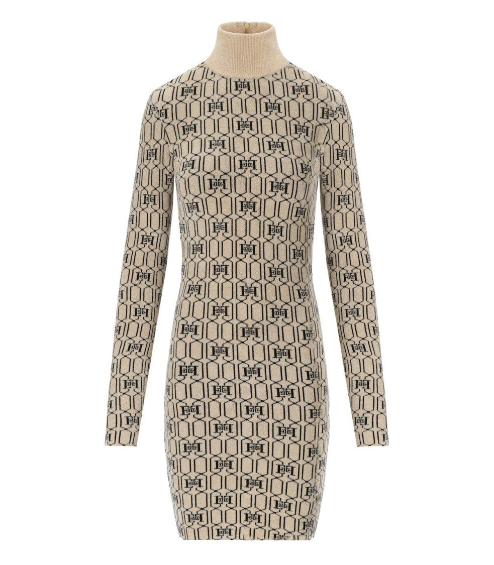 Elisabetta Franchi Champagne Monogram Knitted Dress