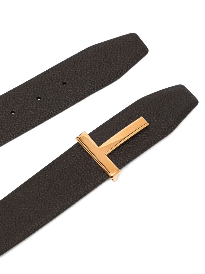 Tom Ford Textured Brown Leather Belt With Gold-Tone 'T' Buckle