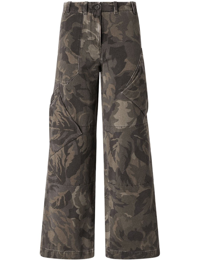Pinko Wide-Leg Cotton Pants With Floral Camouflage Print