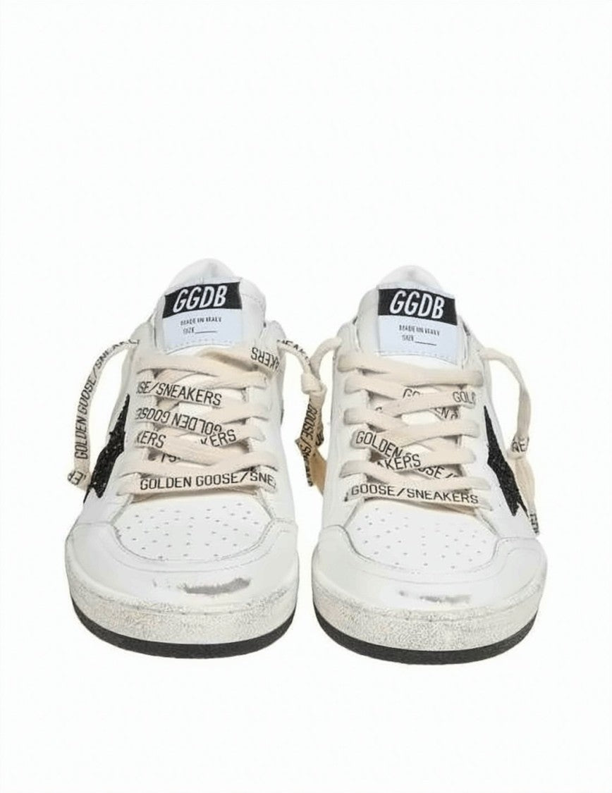 Golden Goose Distressed White Leather Low-Top Sneakers With Glitter Star