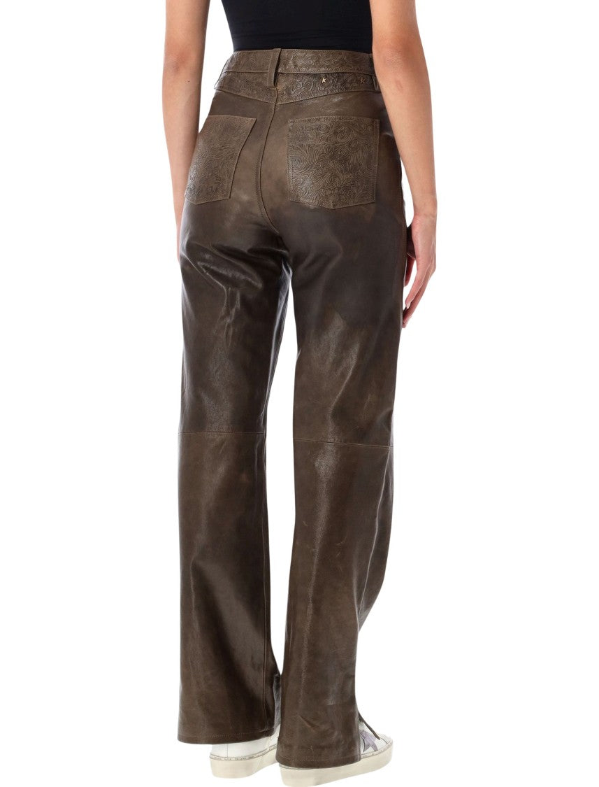 Golden Goose High-Waisted Straight Leather Pants With Embossed Floral Detailing