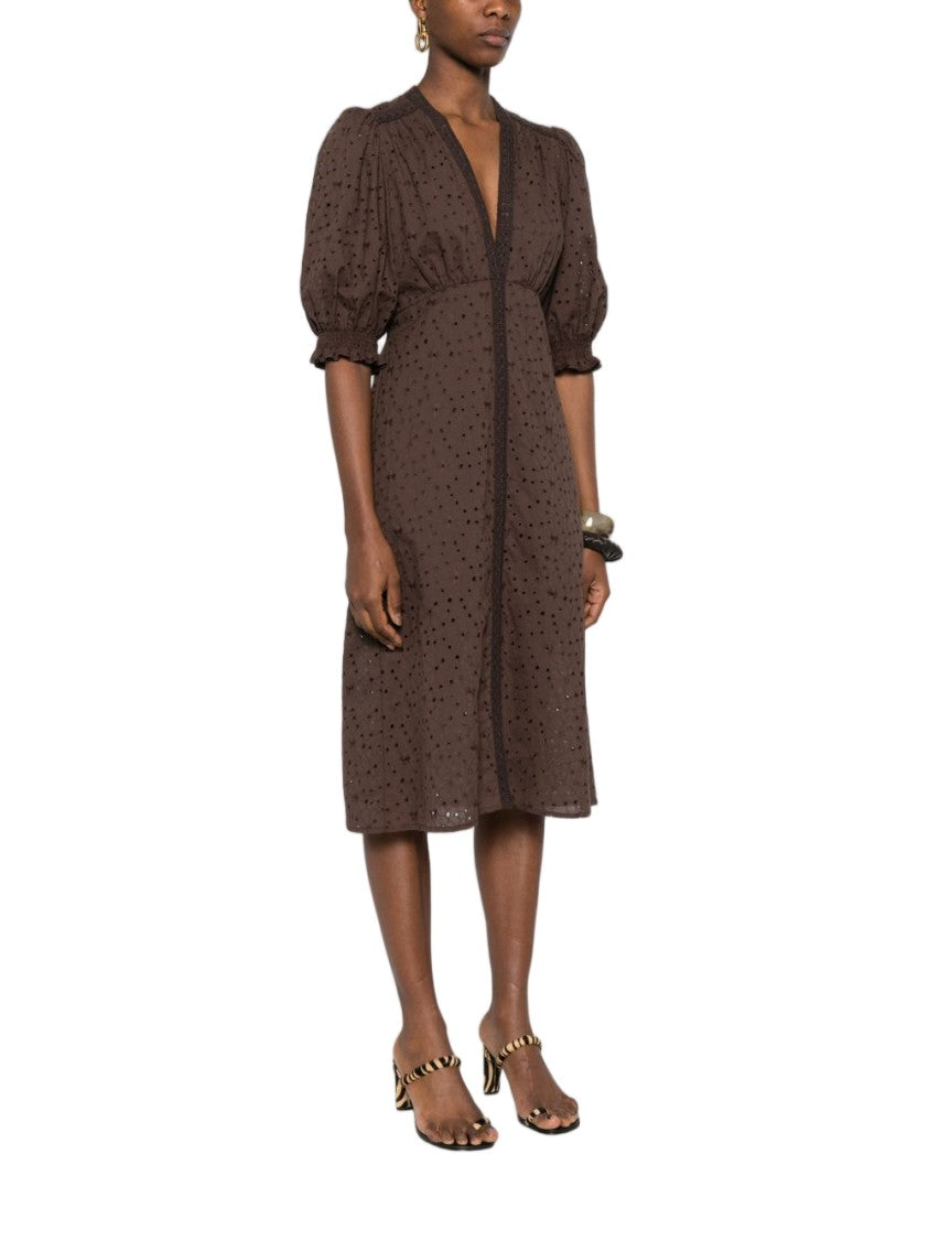 Twin-Set Brown Lace Trim Puff Day Dress