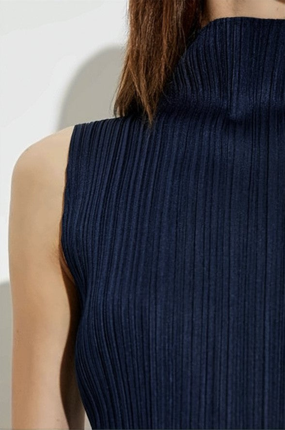 Pleats Please Textured Pleated Sleeveless Top With High Neckline