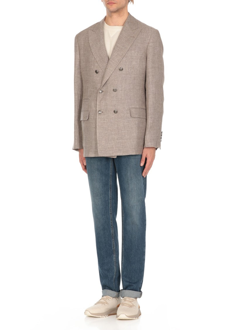 Brunello Cucinelli Beige Linen And Wool Double-Breasted Jacket