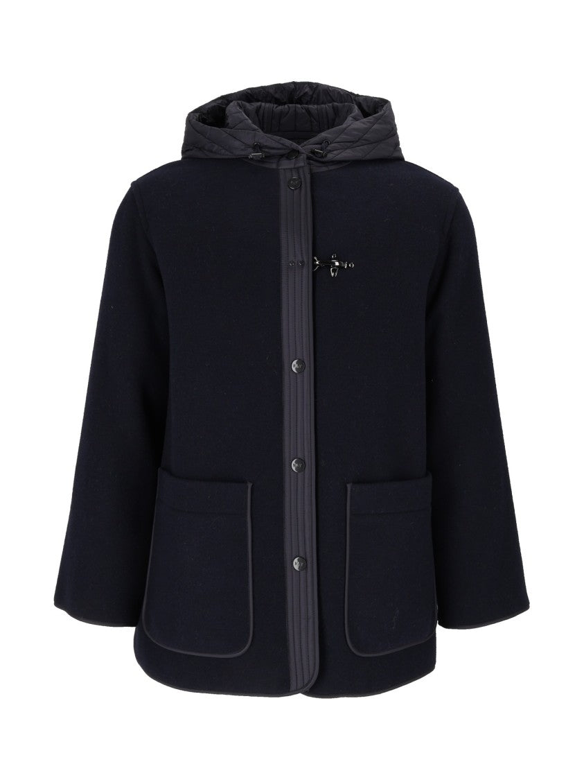 Fay Short Wool-Blend Jacket With Quilted Hood And Hook Detail
