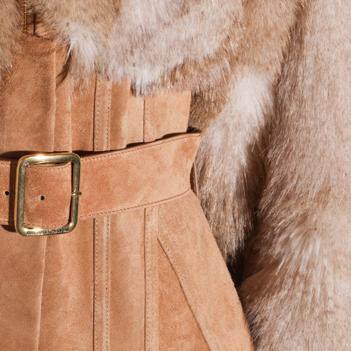 Elisabetta Franchi Beige Corset-Inspired Fur Jacket With Belted Waist