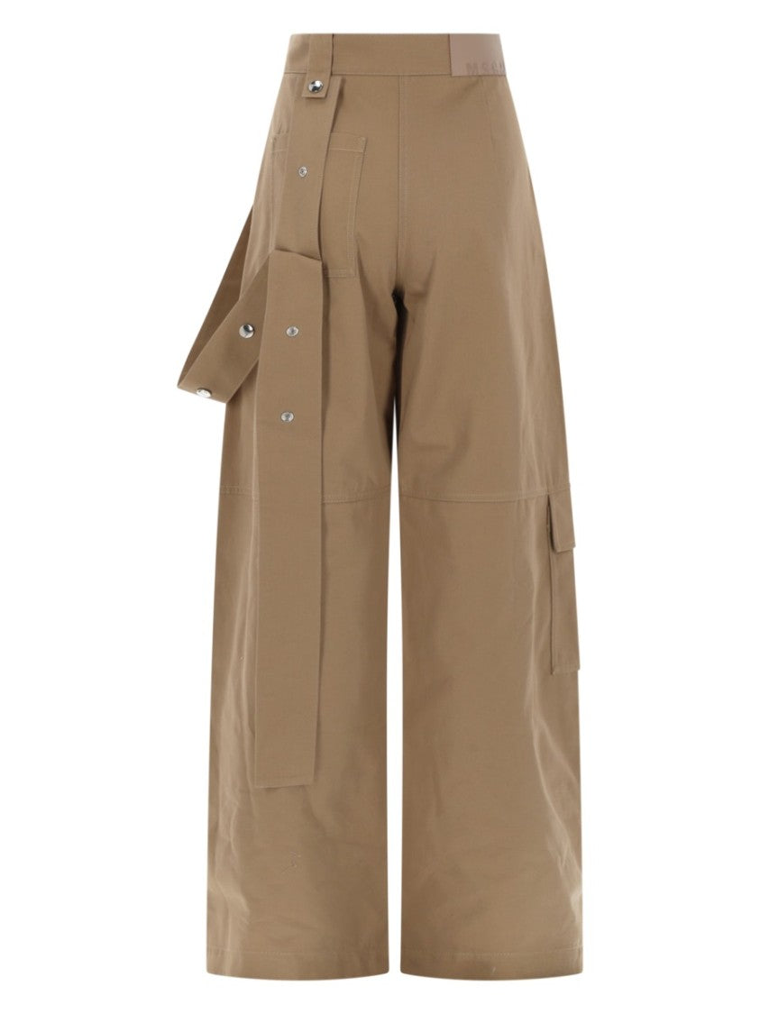 Msgm Neutrals High Waist Snap Flap Cotton Wide-Leg Pants