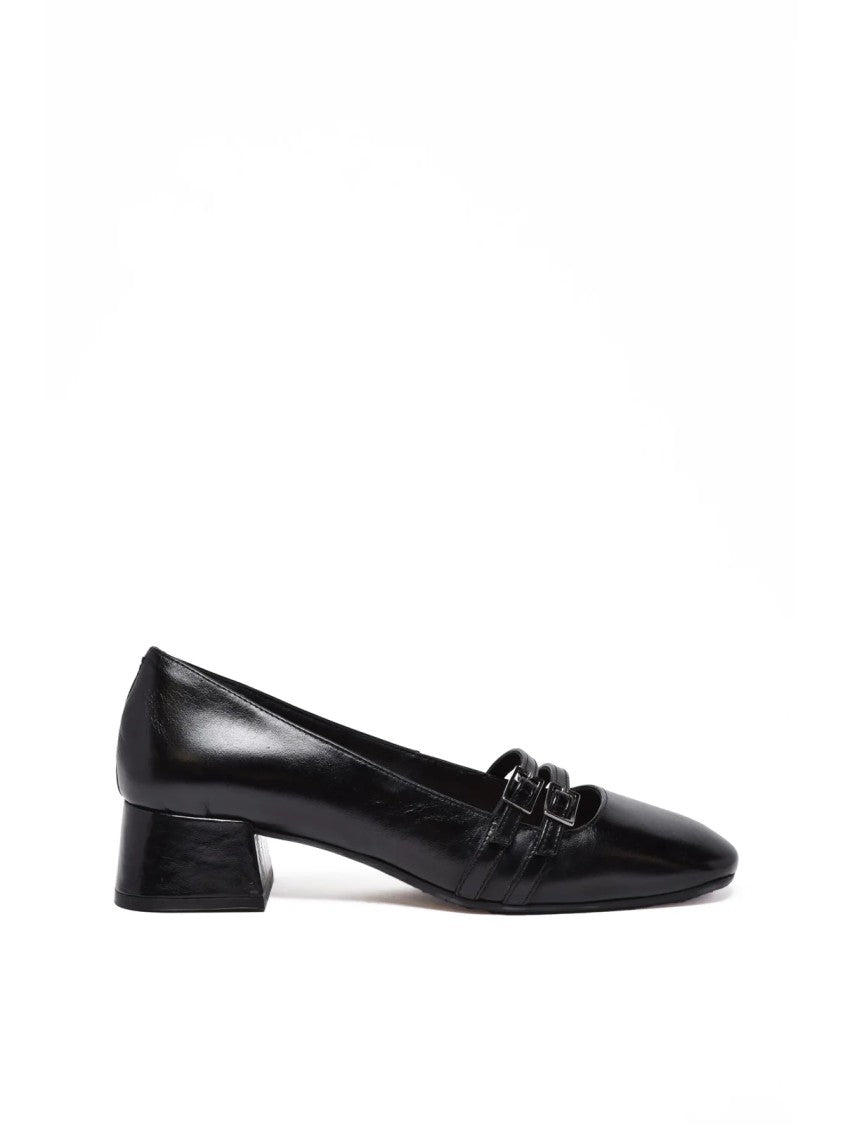 Carmens Black Leather Block Heel Pointed Toe Pumps