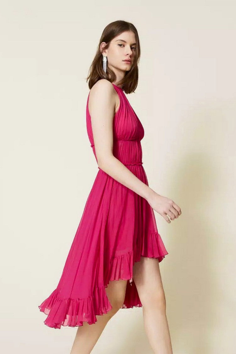 Twin-Set Fuchsias Halter-Neck High-Low Ruffle Viscose Day Dress