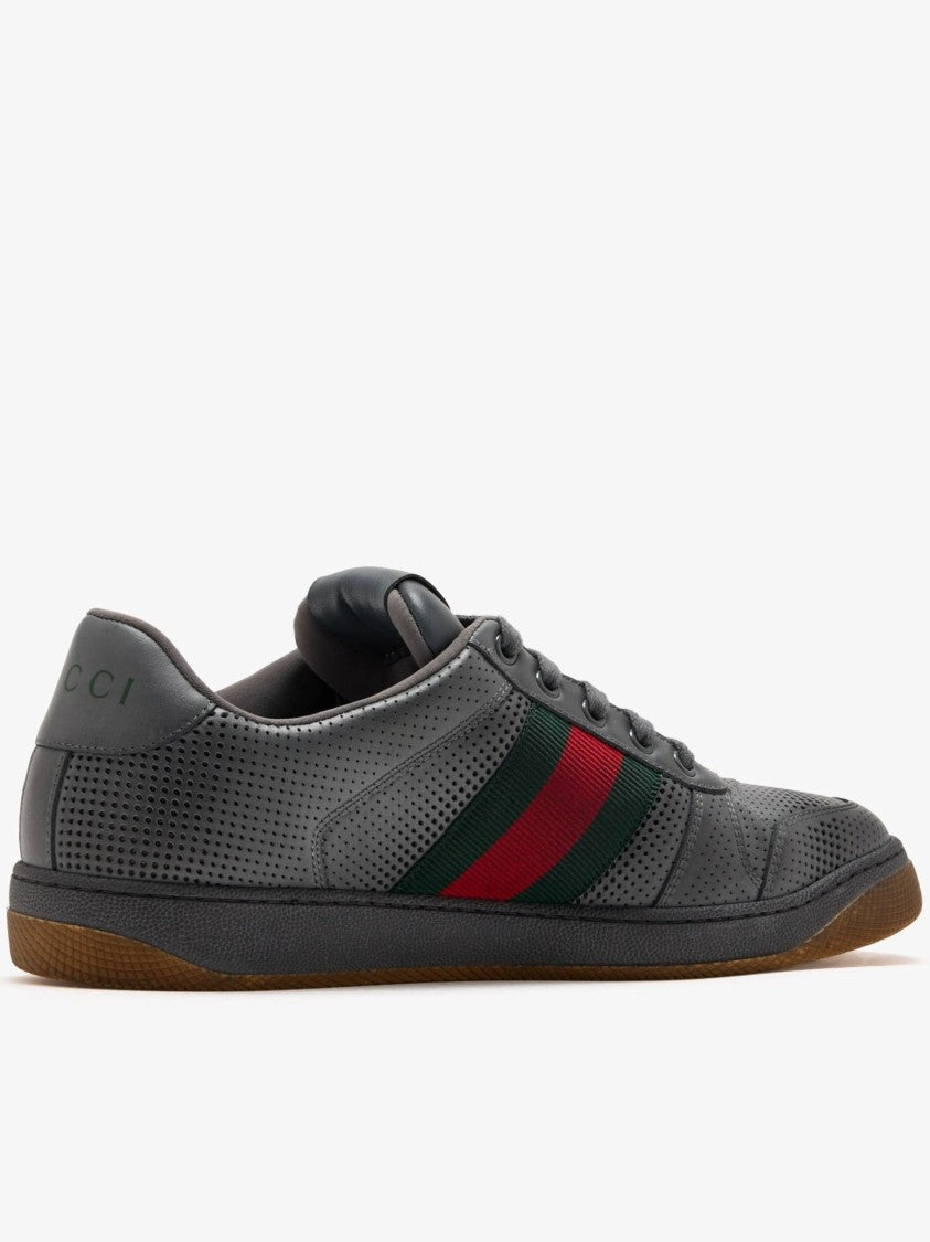 Gucci Dark Grey Perforated Leather Sneaker With Green And Red Striped Detail