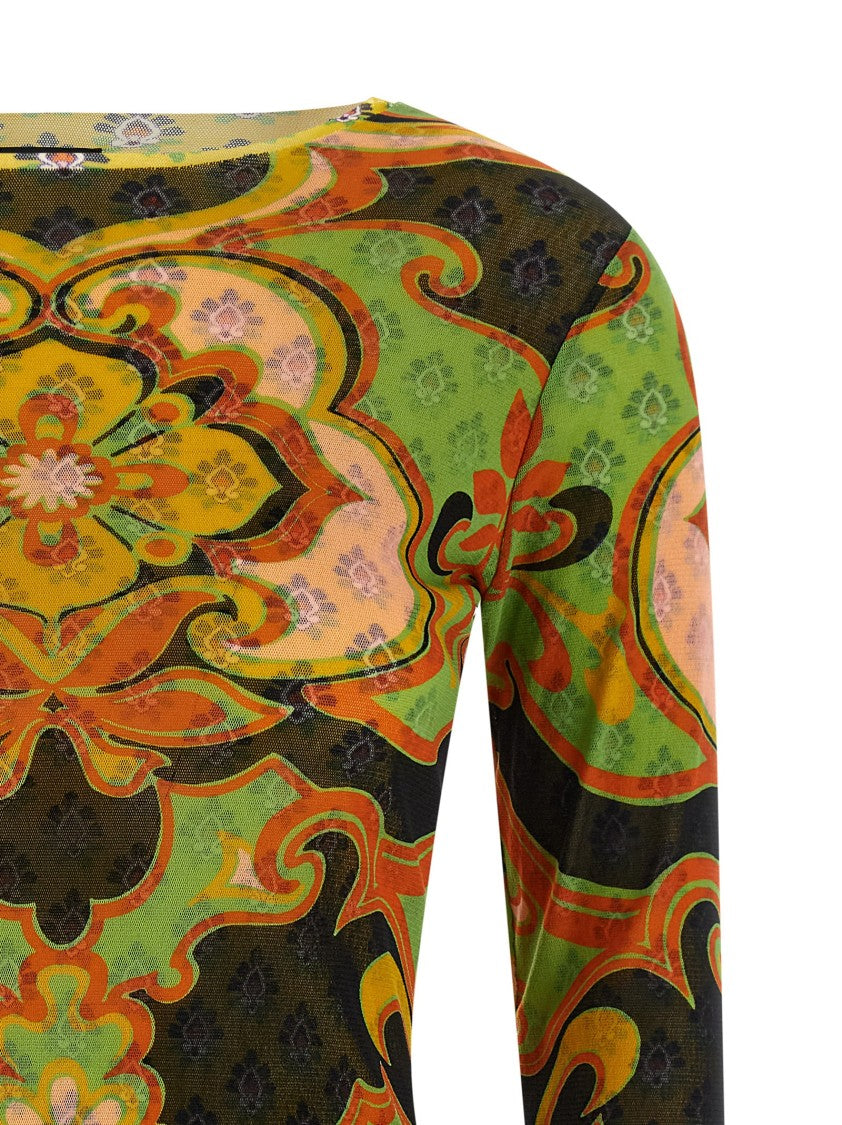Etro Patterned Stretch Mesh Sweater With Asymmetrical Hem And Double-Layer Detail