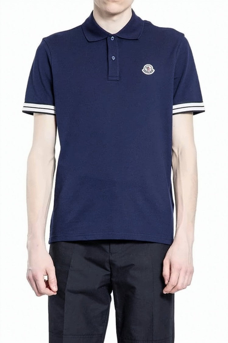 Moncler Solid Deep Bluepolo Shirt With Striped Trim