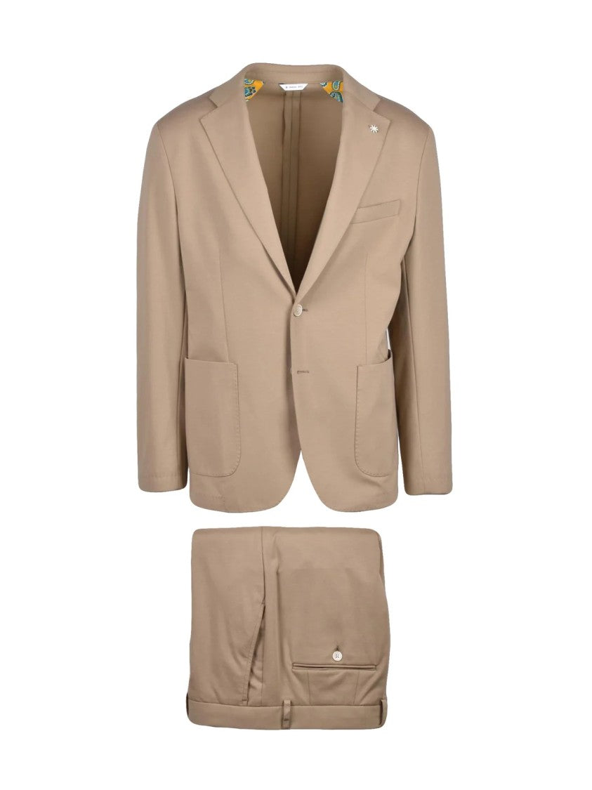Manuel Ritz Beige Single-Button Unlined Cotton-Blend Suit