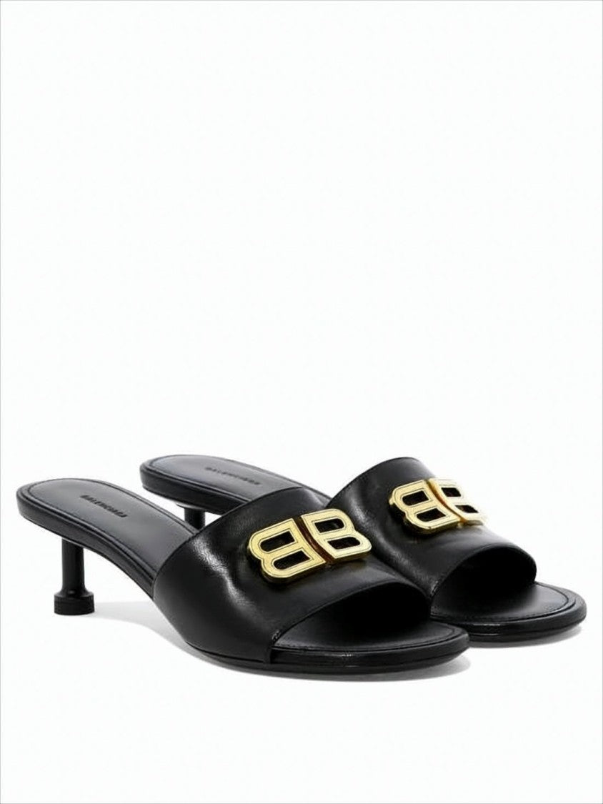 Balenciaga Open-Toe Mules With Metallic Double-B Logo