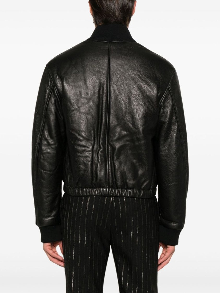 Ami Paris Collarless Black Calf Leather Jacket