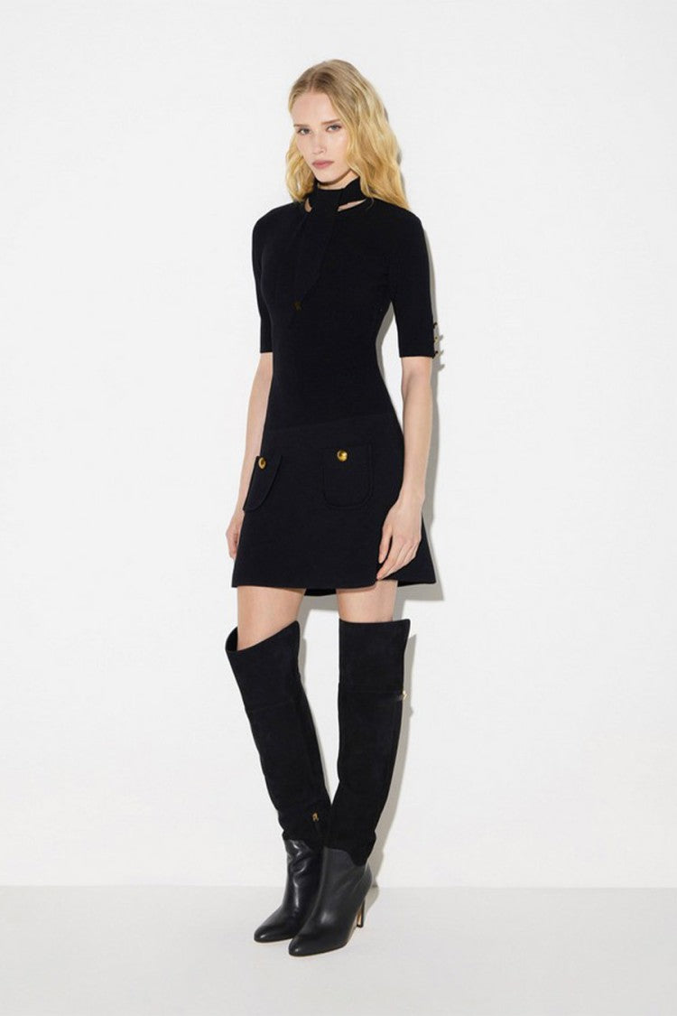 Elisabetta Franchi Black Tie-Neck Ball-Button Flap Pockets Viscose-Blend Mini Dress