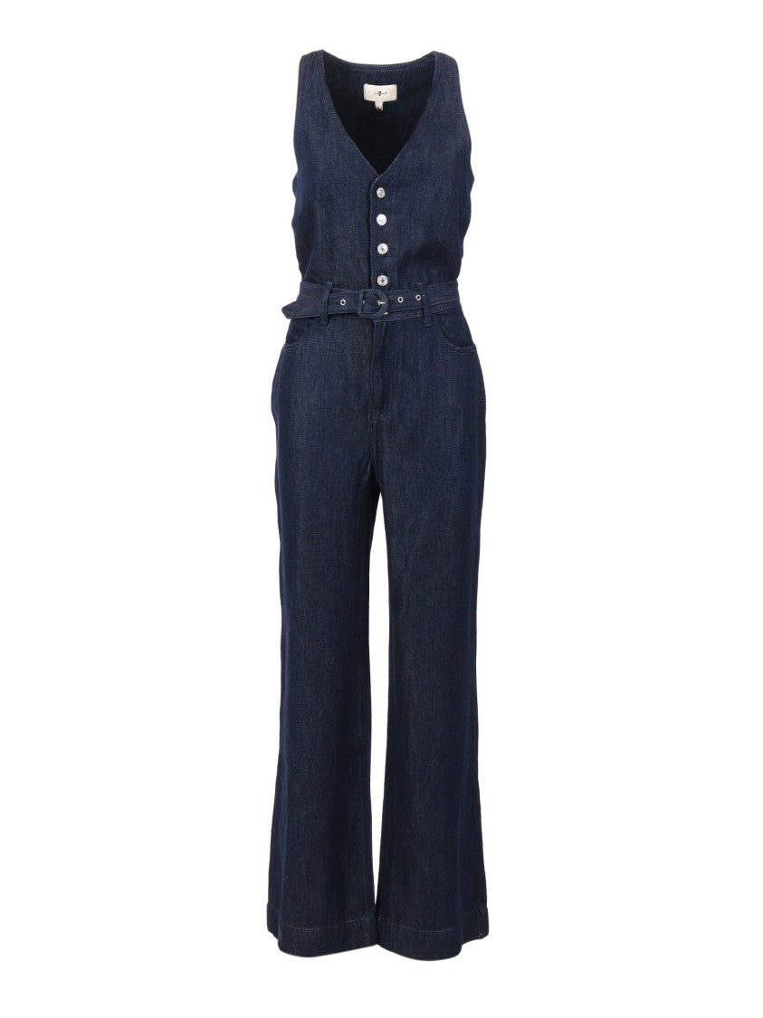 7 For All Mankind Dark Blue Wide Leg Tailored Jumpsuit Dark Rinse With Self Belt