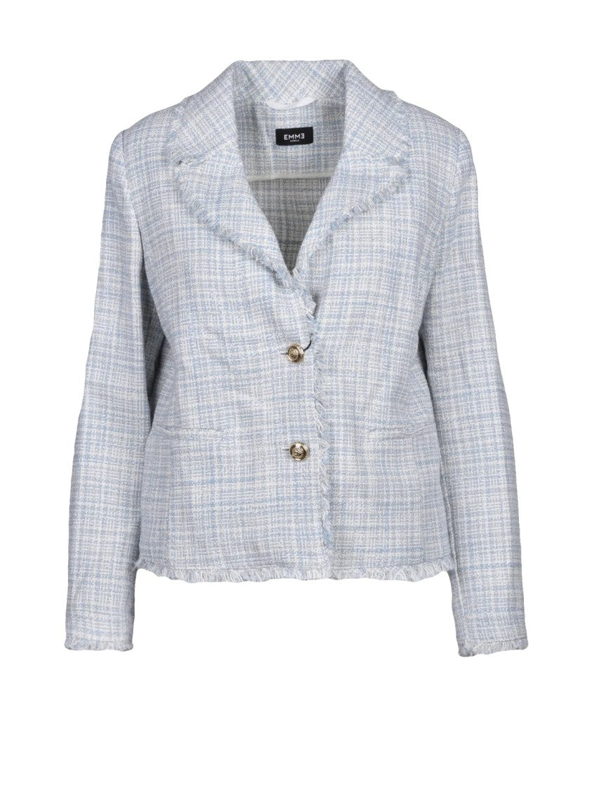 Emme By Marella Light Blue-White Jewel Button Checkered Cotton-Blend Blazer